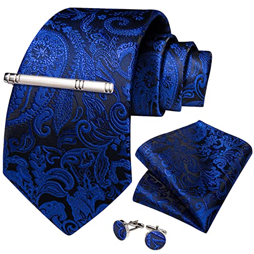 Image of DiBanGu Silk Floral Ties for Men Woven Paisley Necktie and Tie Clip Handkerchief Cufflinks Set for Party Wedding