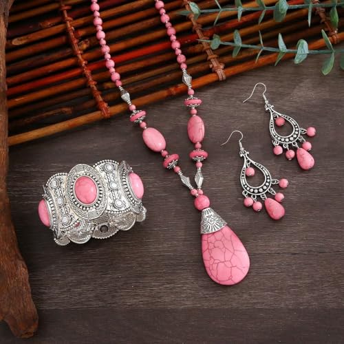 Mayvary Pink Turquoise Jewelry Set for Women, 3Pcs Vintage Boho Western Statement Necklace Earrings Bracelet Chunky Silver Turquoise Jewelry Gift Cowgirl Party 2026 (Pink) by Mayvary - Used condition - Image 4