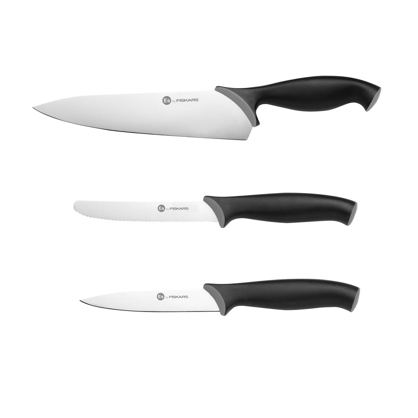 Fiskars Zestaw noży (3 części), duży nóż kuchenny, nóż do warzyw, nóż do pomidorów, długość ostrza: 21 cm, 11 cm, 11,5 cm), Essential, stal nierdzewna/tworzywo PP, czarny, 1081134