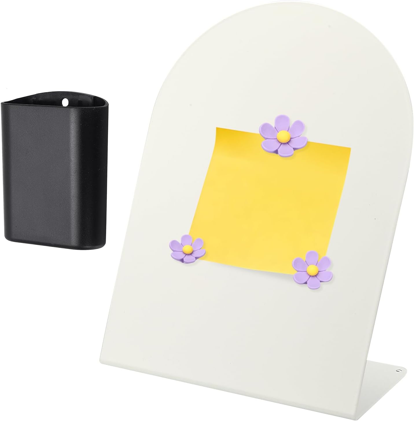 PATIKIL Magnetic Bulletin Board, Memo Magnet Display Stand Board with 3 Flower Magnets & Pen Holder for Home Office Kitchen Restaurant Cafe Supplies, White/Purple/Black