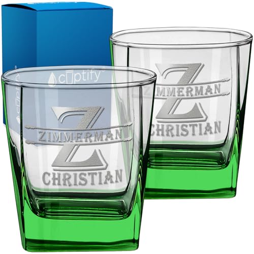 12 oz Personalized Double Old Fashioned Glass Set of 2 - Initial Block Surname Design - Green Custom Etched Cube Whiskey Glass - Perfect for Bourbon, Scotch, and Cocktails - Ideal Gift for Men