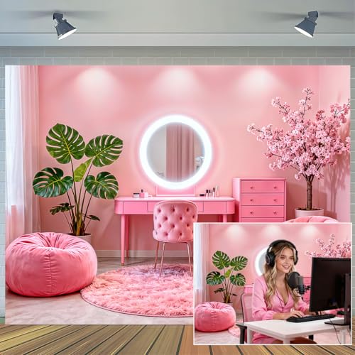 7X5ft Pink Vanity Backdrop Virtual Home Photography Background for Video Recording Live Video Zoom Calls Photo Studio Props Wall Decor Banner