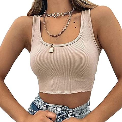 ForeFair Women's Sleeveless Square Neck Crop Tops Ribbed Knit Summer Basic Bustier Crop Tank Tops, Khaki, Large Cover