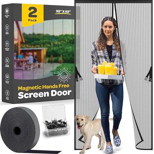 hands-free magnetic screen door, [2 pack] heavy duty, self sealing screen door mesh protector, pet/kid-friendly, stay-open buckle, keeps bugs out while letting nature in, fits door (39.4" x 82.7")