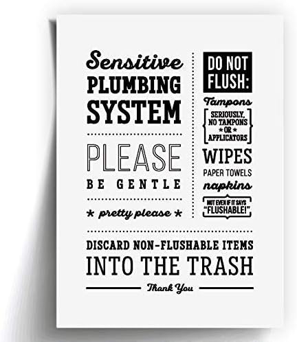 5x7" *UNFRAMED Print Cute Do not Flush Bathroom Sign Septic System Sensitive Plumbing No Feminine Products Tampons Paper Towels Decor Hotel Restaurant Office Art Décor Toilet Be Gentle