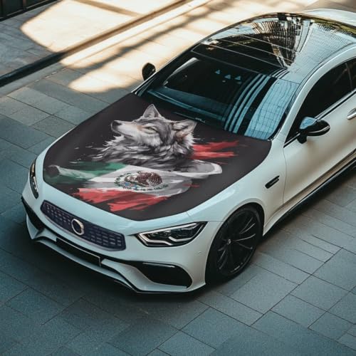 Image of Wolf Mexican Flag Car Hood Cover Protector Stretchable Car Hood Wrap Blankets Mexican Independence Day Decorations Automotive Exterior Accessories for Compact SUV Sedans Trucks Pickup
