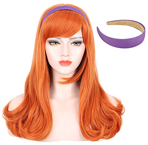 Karlery Adult Women Long Curly Orange Bangs Wig Halloween Cosplay Costume Party Wig (Free Purple Headband and Wig Cap)