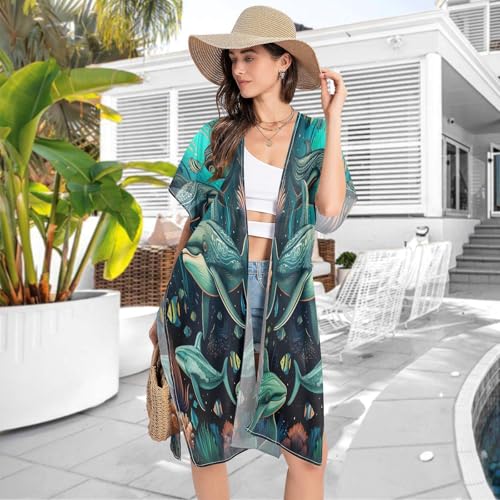 DDDIYEU Seewal Kunst Damen Strandkleid, Lockerer Sommer Überwurf für Badeanzug Bademode-4