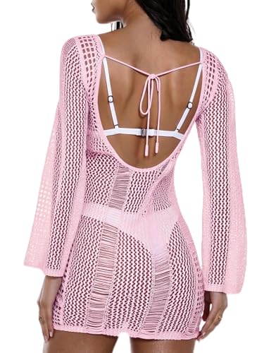 Image of Floerns Women's Crochet Cover Up Long Sleeve Hollow Out Bikini Swimsuit Beach Cover Up Swimwear