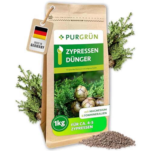 Purgrün® Zypressen-Dünger 1 kg – Sattgrüne Nadeln dank Magnesium – Schnelles, gesundes Wachstum – Verbessert die Bodenqualität – Erhöht die Widerstandskraft – Koniferendünger für ca. 20 Pflanzen