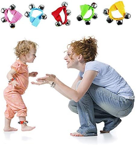 Evwoge 12 Pack Baby Kids Wrist Bell Foot Bell Dance Bell Multicolor Nylon Jingle Bells Rattles Musical Instruments Ring Toy Bracelet for Education Kids Party