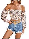 MakeMeChic Women's Off The Shoulder Lantern Sleeve Crop Tops Ditsy Floral Boho Blouse Shirt Multicolor Small