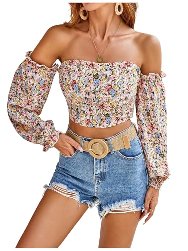 MakeMeChic Women's Off The Shoulder Lantern Sleeve Crop Tops Ditsy Floral Boho Blouse Shirt Multicolor X-Large