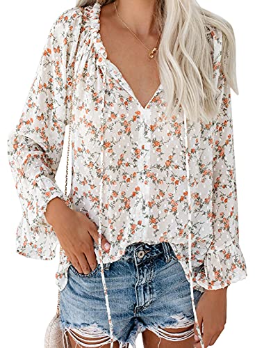 ROSKIKI Women Casual Lightweight Boho Floral Print V Neck Long Sleeve Drawstring Blouse Tops V Neck Comfy Loose Shirt Cute Fashion Tie Front Chiffon Blouses Orange 2X-Large