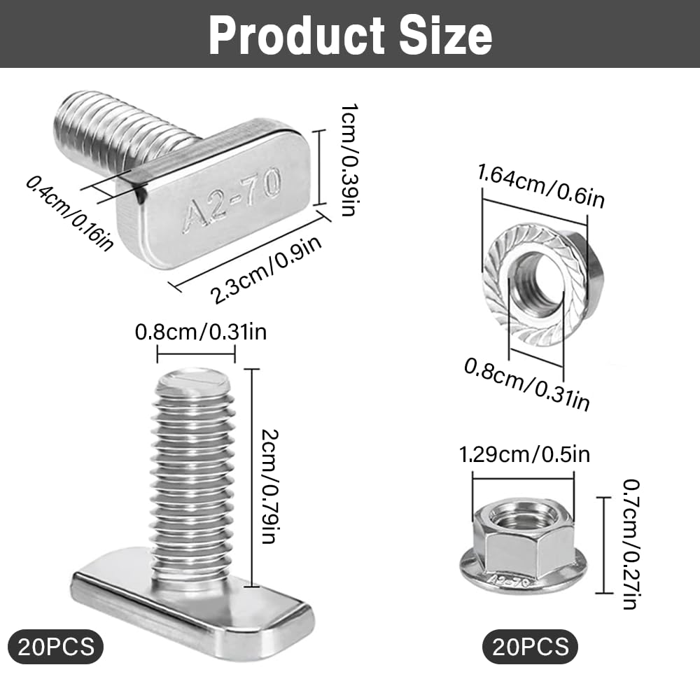 Lot de 20 Vis à Tête de Marteau M8 x 20, Vis Acier Inoxydable A2-70, Boulons en T avec Écrou à Bride, pour Modules Photovoltaïques, Profilés en Aluminium Photovoltaïque, Serre, Rail de