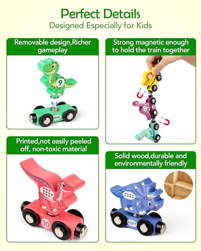 vanmor wooden dinosaur train set for toddlers - magnetic dinosaur toys and number train perfect for toddler activities birthdays and educational christmas toys stocking stuffers for boys aged 3-5