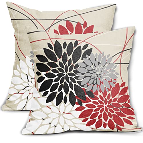 Red and Black Pillow Covers 18x18 Inch Dahlia Flower Black Red White Gray Grey Colored Pillow Case Farmhouse Outdoor Decor for Home Bedroom Living Room Floral Linen Square Cushion Cover, Set of 2