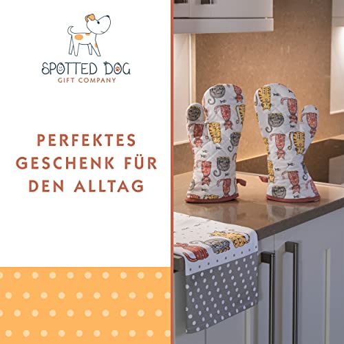 Foto von SPOTTED DOG GIFT COMPANY - 2 Set (Paar) Hitzebeständig Lange Ofenhandschuhe Hitzeresistente Topflappen Backhandschuhe aus Qualitäts Weiß Baumwolle mit Süß Katzen Tier Design für Katze Geschenk Ideen