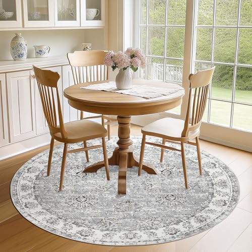 JINCHAN Round Rug 6ft Area Rug Grey Vintage Floor Mat Kitchen Indoor Thin Mat Floral Print Circle 6' Round Gray Retro Accent Carpet Farmhouse Non Slip Dining Room Living Room Bedroom by jinchan - Image 2