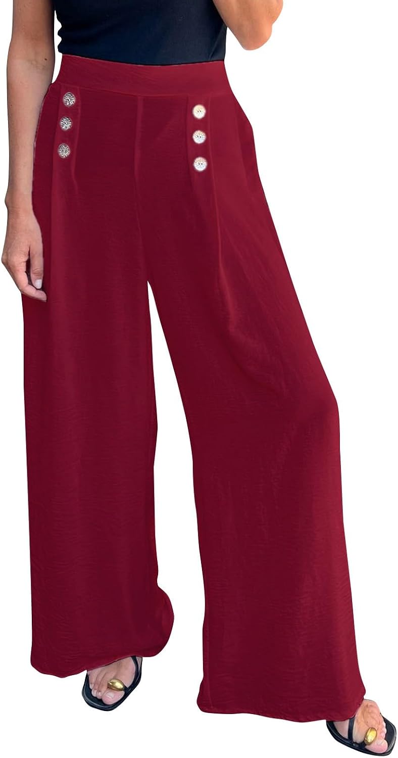Women's High Waisted Dressy Trousers Wide Leg Dress Pants Casual Linen Palazzo Boho Lounge Trousers with Pockets