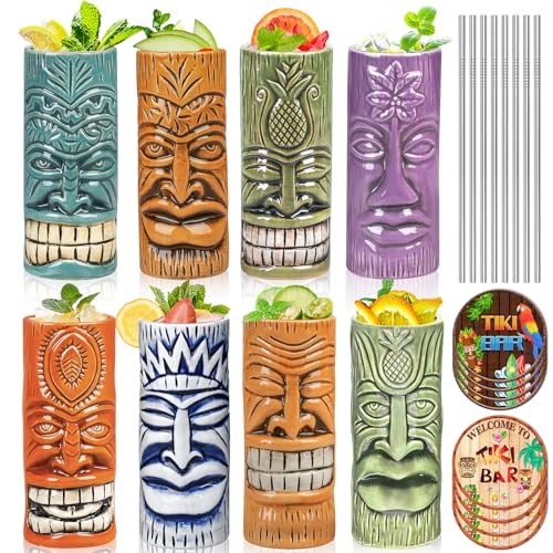 Tiki Mugs Set of 8 - Ceramic Tiki Glasses with Tiki Coaster, Unique Cocktail Glass, Bar Professional HawaiianTiki Mug and Halloween Christmas Party Barware