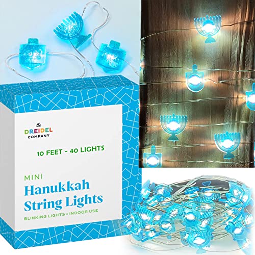 The Dreidel Company Hanukkah LED String of Lights Menorah and Dreidel Designs 10 Feet with 40 Lights