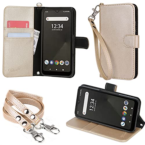 wisers arrows We F-51B FCG01 対応 手帳型スマホケース (ゴールド) 牛革調PUレザー (カードホルダー/スタンド機能付き) ストラップ 2種付 (ハンドストラップ/ネックストラップ) カード収納
