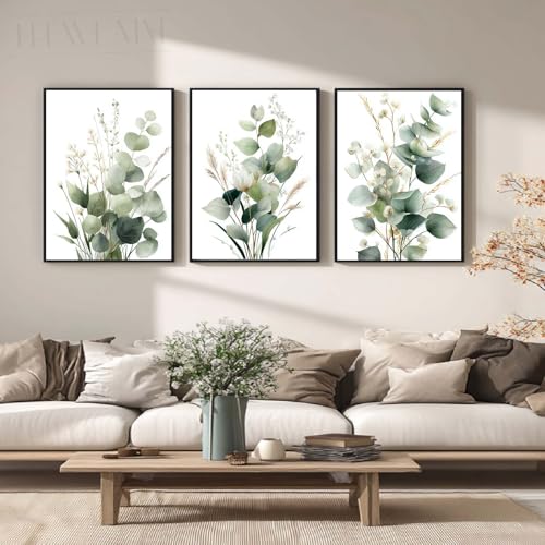 Aquarelle botanique vert plantes feuilles sauge 3 toiles