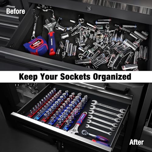 Image of WORKPRO Magnetic Socket Organizer Set, 3-Piece Aluminum Alloy Socket Rail, Heavy Duty Socket Holder, Socket Rack Kit 1 /4-Inch x 12 Clips, 3 /8-Inch x 10 Clips, 1 /2-Inch x 10 Clips (Red)