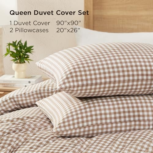 Image of Andency Gingham Duvet Cover Queen Size, Tan Brown Checkered Plaid Bedding Set, 3 Pieces Soft Prewashed Polyester Comforter Cover with Zipper Closure & Corner Ties