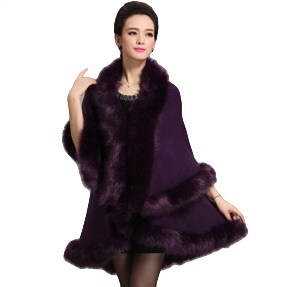 ZKOOOWomen Faux Fur Wrap Shawl Winter Warm Cardigan Cape Layers Poncho Thick Cloak Coat Outerwear for Wedding Evening Party Purple
