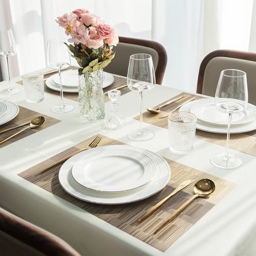 Image of Placemats Set of 6 Dining Table Place Mats | Placemats Table Mat PVC Material | Non-Slip Heat Resistant | Dining Tablemates Washable Anti-Skid | Size 45 x 30cm (Beige & Gold)