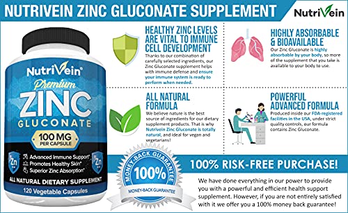 Nutrivein Premium Zinc Gluconate 100Mg - 120 Capsules - Immunity Defense Boosts Immune System & Powerful Antioxidant - Promotes Healthy Skin And Acne Defense - Essential Elements For Absorption #TOP1