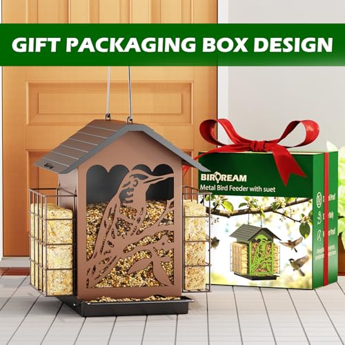 Birdream Bird Feeders for Outdoors, 5 Lbs Metal Bird Feeder with Double Suet Cages, 2 in 1 Mixed Seeds Suet Feeder, Large Capacity & Weatherproof Metal Roof, Attract Cardinals Wildbird Woodpecker - Image 5