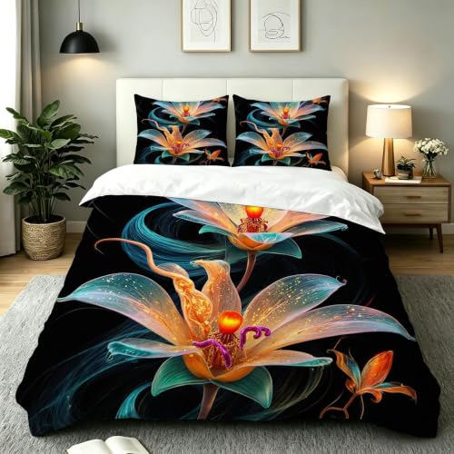 Parure de lit fleurs orange 240x260 cm au tissage microfibre doux - 2