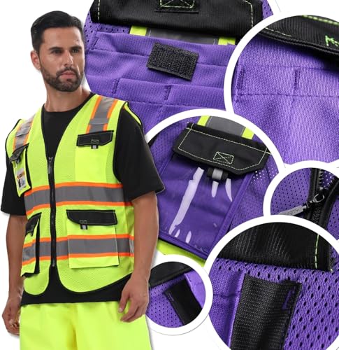 Image of JKSafety Hi Vis Reflective Safety Vests for Men Women High Visibility Vest with Pockets Mesh Fabric Construction Safety Apparel Neon Vest for Work (220-PurpleB S)