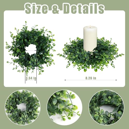 Image of Mini Green Boxwood Candle Rings Wreaths Spring Summer Kitchen Cabinet Swags Wreath 3 Inch Wedding Rings Wreaths Pillar Candle Holder for Wedding Home Door Tabletop Decor