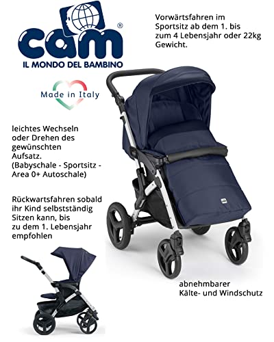 Cam il mondo del bambino S.p.A. 3 in 1 Kombi Kinderwagen Modell Rover Kinderwagen/Buggy/Autositz/Tasche hochwertige Materialen Made in Italy (Blau)