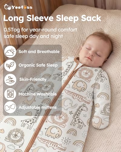 Image of Yoofoss Baby Sleep Sack 3-6 Months 100% Organic Cotton Long Sleeve Wearable Blanket Baby 2-Way Zipper 0.5 Tog Newborn Sleeping Sack, Lightweight