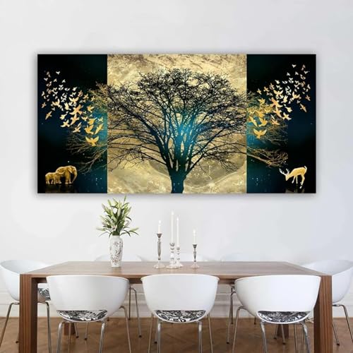 Arbre doré art abstrait sur toile peinture lumineuse maison 80x160