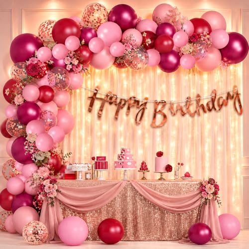 Image of Party Propz Burgundy Birthday Decoration Kit For Kids - 69Pcs, Happy Birthday Banner For Kids | Rose Gold Confetti Balloons, White Net Curtains, Hooks, Riibbons
