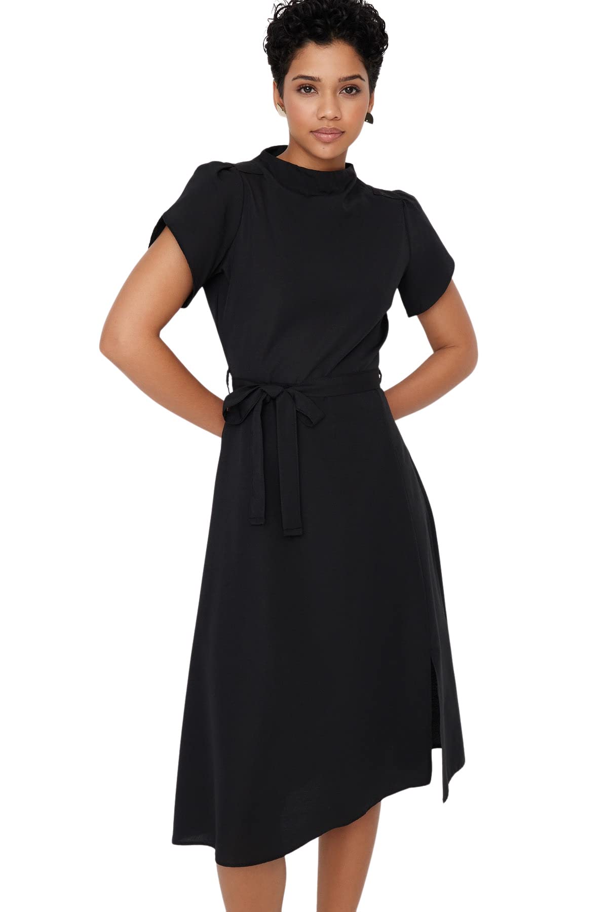 Trendyol Damen Midi, A-Linie, Normale Passform, gewebtes Kleid, Schwarz, s