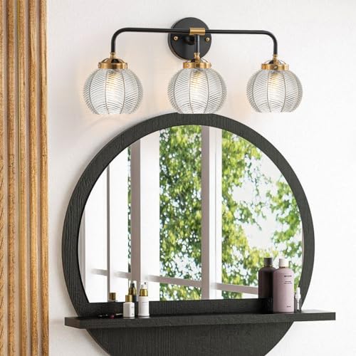 Image of Bathroom Vanity Light Fixture 3 Light Glass Globe Wall Sconce Lights | Black Wall Mount Light Fixtures with 5.9in Clear Glass Shade, Mid Century Modern Wall Sconce for Over Mirror Bedroom Hallway