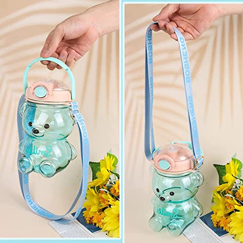 Image of 1 Liter Capacity Cartoon Teddy Bear Water Bottle Sipper Water Bottle Portable Mouth With Straw, Sticker, Strap Smile Teddy Bottle - Multi Color