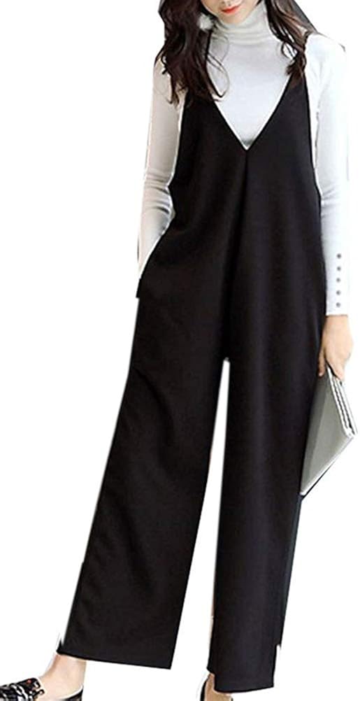 Jinpin レディース サロペット オールインワン サスペンダーズボン ジャンプスーツ オーバーオール ワイドパンツ 無地 ロング丈 美脚 ゆったり シンプル 流行のアイテム かわいい フリーサイズ 秋冬