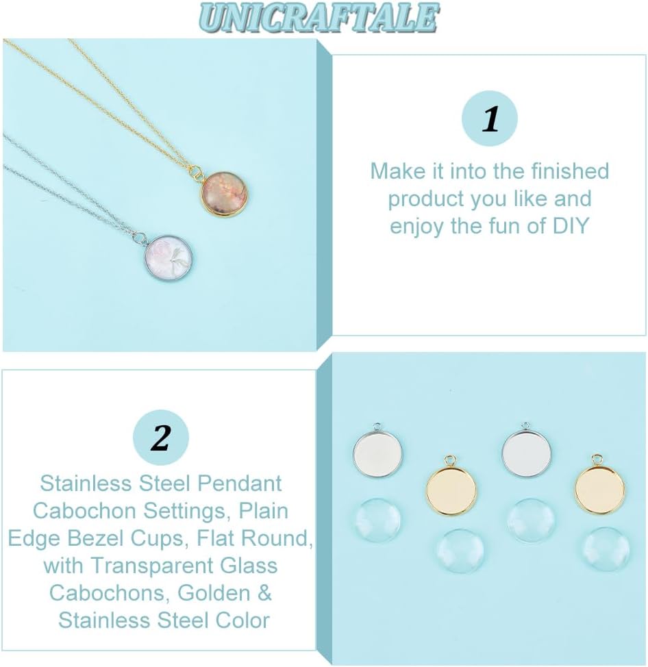 UNICRAFTALE 40Pcs 2 Colors 304 Stainless Steel Pendant Cabochon Settings Plain Edge Bezel Cups 16mm Tray Flat Round Pendant Making Kit with 40Pcs Transparent Glass Cabochons for Jewelry Making - Image 5