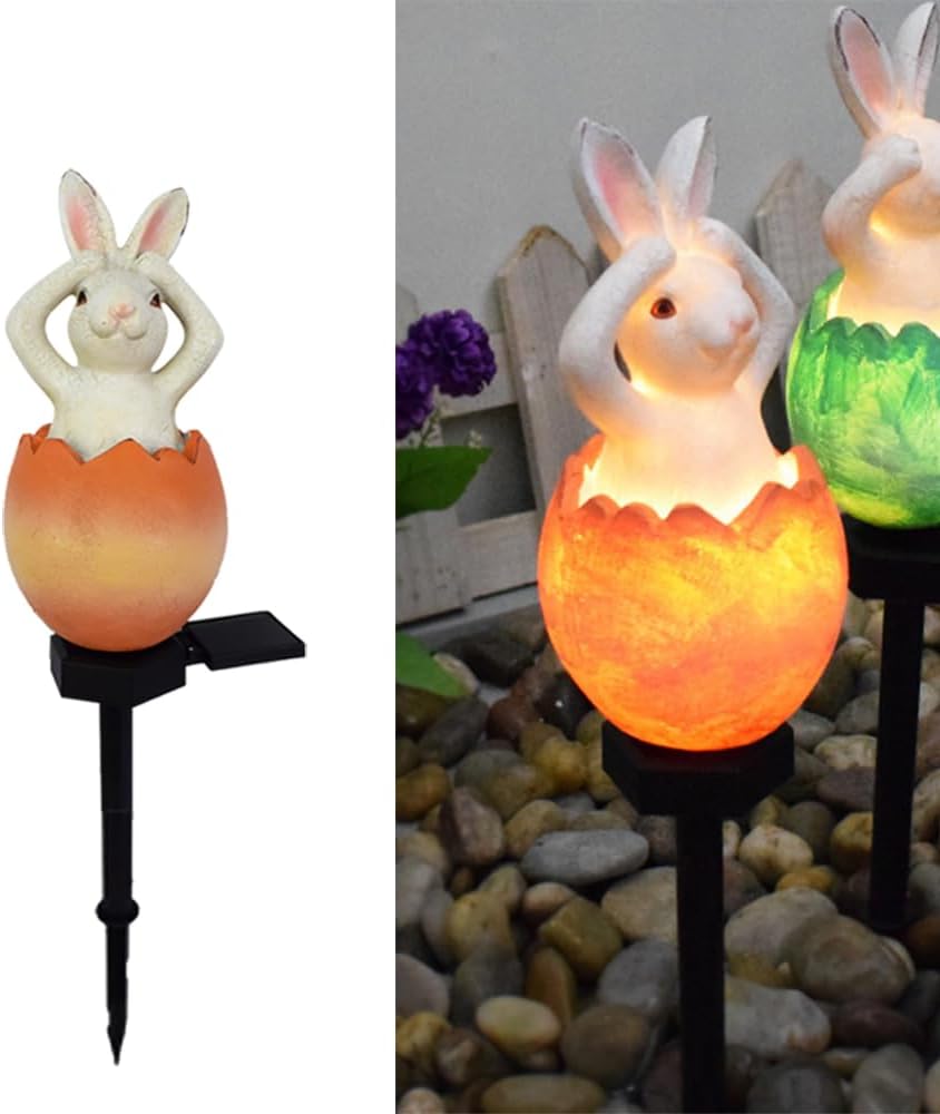 Solar Powered Egg Rabbit Lamp, Garden Decorative Resin Cute Animal Ground lamp, Wireless Dusk to Dawn LED Lights Waterproof.