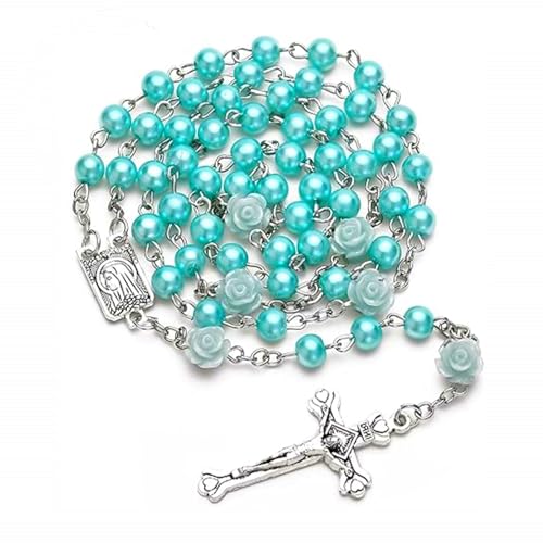 Kuesn Collar de rosario católico de amatista de 6 mm, cuentas de perlas moradas, collar religioso con cruz de rosas, azul cielo, talla única, Vidrio, No es una piedra preciosa