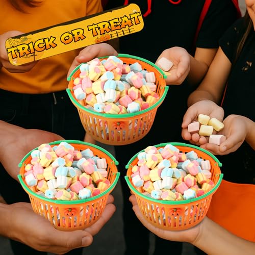 Potchen 12 Pcs Halloween Pumpkin Baskets Bulk Trick or Treat Candy Buckets Plastic Devil Smile Candy Basket with Handle Pumpkin Resin Charms Jack O Lantern for Halloween Party Favors Decorations Gift