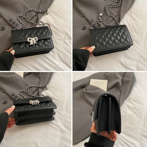 JANSBEN Handtasche Damen Klein - Kleine Umhängetasche Leder Crossbody Bag mit Kettenriemen Gesteppte Mehrere Fächer Tasche Schwarz